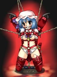 Rule 34 | 1girl, ball gag, bdsm, bondage, bondage outfit, bound, breasts, chain, female focus, frogtie, gag, gagged, lilish, nipples, panties, remilia scarlet, sex toy, solo, spreader bar, thighhighs, topless, touhou, underwear, vibrator, wings