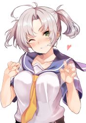 Rule 34 | 10s, 1girl, ;), ahoge, between breasts, blush, breasts, collarbone, green eyes, heart, kantai collection, kinugasa (kancolle), large breasts, looking at viewer, necktie, necktie between breasts, nose blush, one eye closed, parted bangs, parted lips, paw pose, school uniform, serafuku, shimofuri, short hair, silver hair, simple background, smile, solo, teeth, tsurime, twintails, upper body, white background, yellow necktie