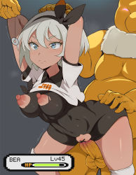 Rule 34 | 1girl, 2boys, :|, arms behind head, bar censor, bea (pokemon), black bodysuit, black hairband, blue eyes, bodysuit, bodysuit under clothes, breasts, censored, closed mouth, clothes lift, coin, collared shirt, commentary, covered navel, cowboy shot, creatures (company), dark skin, erection, furry, furry male, furry with non-furry, game freak, gameplay mechanics, gen 1 pokemon, glowing, glowing eyes, grey hair, gym leader, hairband, hand on another&#039;s ass, health bar, hetero, highres, hypno, hypnosis, interspecies, leaning forward, medium breasts, mind control, multiple boys, navel, nintendo, nipples, pendulum, penis, pokemon, pokemon (creature), pokemon swsh, pokephilia, sex, shirt, shirt lift, short hair, skin tight, spread legs, torn clothes, vaginal, verseir 001, white shirt