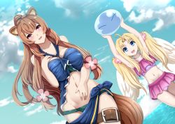 Rule 34 | 2girls, absurdres, animal ears, arm up, beach, bikini, blonde hair, blue eyes, blue sky, blush, breasts, brown hair, cloud, cowboy shot, day, filo (tate no yuusha no nariagari), flower, frilled bikini, frills, hair flower, hair ornament, hand on own chest, highres, k kung, large breasts, looking at viewer, multiple girls, navel, open mouth, outdoors, ponytail, purple eyes, raccoon ears, raccoon girl, raccoon tail, raphtalia, rimuru tempest, sarong, sky, slime (creature), swimsuit, tail, tate no yuusha no nariagari, tensei shitara slime datta ken, thigh strap, twintails, wings