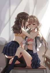 Rule 34 | 2girls, :d, adjusting another&#039;s hair, aqua eyes, bare arms, bare shoulders, black socks, blue skirt, blush, bra, braid, breasts, brown eyes, brown hair, chair, classroom, collarbone, curtains, desk, flat chest, hair rings, highres, indoors, knee up, kneehighs, leaning forward, light brown hair, light frown, long hair, long sleeves, looking at viewer, low twintails, miniskirt, multiple girls, navel, neckerchief, nekozuki yuki, no shoes, off shoulder, on table, open clothes, open mouth, open shirt, original, pink bra, plaid, plaid skirt, pleated skirt, profile, school, school chair, school desk, school uniform, serafuku, shirt, sidelocks, sitting, skirt, small breasts, smile, socks, stomach, strap slip, sweatdrop, table, tareme, thighhighs, twintails, underwear, undone neckerchief, undressing, very long hair, wavy hair, white shirt, yellow bra, yuri, zettai ryouiki