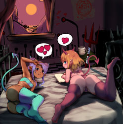 Rule 34 | 2girls, :p, absurdres, ass, blonde hair, covering privates, dark-skinned female, dark skin, demon girl, demon tail, female focus, forehead jewel, heart, hell, highres, horns, lying, multiple girls, on bed, on stomach, original, pitchfork, pointy ears, profile, purple hair, spoken heart, tail, tenteco (covamin), thighhighs, tongue, tongue out, v