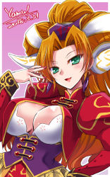 Rule 34 | 1girl, blush, breasts, cleavage, commentary request, corset, dated, earrings, fingernails, grandia, grandia ii, green eyes, hand on own hip, hand on own face, head tilt, highres, jacket, jewelry, juliet sleeves, large breasts, long hair, long sleeves, looking at viewer, millenia (grandia), nail polish, puffy sleeves, red hair, sharp fingernails, signature, smile, solo, yamu (reverse noise)