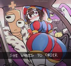 Rule 34 | 1girl, 2boys, black headwear, black shirt, blue eyes, blush, brown hair, car interior, closed mouth, coat, commentary, drive-thru, english commentary, english text, fake phone screenshot, fake screenshot, frown, fur coat, half-closed eyes, hat, he wants to order (meme), indoors, jax (the amazing digital circus), jester cap, jester costume, justpomni, kinger (the amazing digital circus), long hair, looking at viewer, looking back, meme, multicolored eyes, multiple boys, pomni (the amazing digital circus), red eyes, shirt, snapchat, teeth, the amazing digital circus