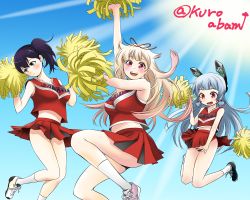 Rule 34 | 10s, 3girls, :d, alternate costume, bow, breasts, brown eyes, brown hair, cheerleader, crop top, crop top overhang, gradient background, hair bow, hair ribbon, headgear, holding, jumping, kaga (kancolle), kantai collection, kuro abamu, large breasts, long hair, looking at viewer, midriff, miniskirt, multiple girls, murakumo (kancolle), open mouth, pleated skirt, purple hair, red eyes, remodel (kantai collection), ribbon, side ponytail, silver hair, skirt, smile, white legwear, yuudachi (kancolle)