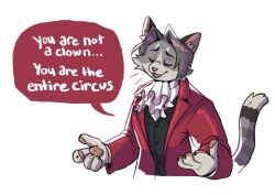Rule 34 | 1boy, ace attorney, animal ears, animal nose, ascot, body fur, cat boy, cat ears, cat tail, closed eyes, commentary, english commentary, english text, faintsuns, formal, furrification, furry, furry male, grey fur, grey hair, jacket, long sleeves, male focus, meme, miles edgeworth, open mouth, pawpads, red jacket, simple background, snout, solo, speech bubble, suit, tail, upper body, white background, you are not a clown (meme)