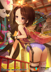 Rule 34 | 1girl, :d, ass, asymmetrical legwear, backpack, bad id, bad pixiv id, bag, bare shoulders, beige ribbon, black gloves, blurry, blurry background, blush, breasts, brown eyes, brown hair, can, commentary request, depth of field, fingerless gloves, gloves, grin, hair ribbon, holding, holding can, leaning forward, leotard, looking at viewer, looking to the side, mismatched legwear, official art, open mouth, purple leotard, qurare magic library, red skirt, ribbon, shirt, siloteddy, single glove, skirt, sleeveless, sleeveless shirt, small breasts, smile, solo, spray can, standing, standing on one leg, striped clothes, striped thighhighs, thighhighs, white thighhighs