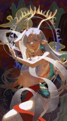 Rule 34 | 1girl, a deer of nine colors, abstract background, absurdres, animal ears, antlers, arknights, arm up, bare shoulders, blue eyes, blue hair, bracelet, crop top, earrings, highres, horns, jewelry, lipstick, long hair, long skirt, looking at viewer, makeup, mascara, midriff, multicolored hair, navel, necklace, nine-colored deer, parted lips, qiyanan, red hair, red lips, shawl, silver hair, skirt, solo, stomach, very long hair, white skirt