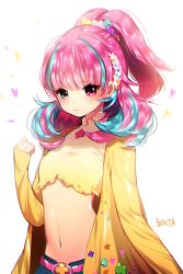 Rule 34 | 1girl, 3:, aqua hair, artist name, bad id, bad pixiv id, blue eyes, chromatic aberration, clenched hand, hair ornament, heart, heart background, heterochromia, looking at viewer, multicolored hair, navel, original, pink eyes, pink hair, ponytail, purple hair, simple background, solo, sukja, two-tone hair, white background