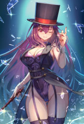 Rule 34 | 1girl, adapted costume, breasts, broken glass, cleavage, fate/grand order, fate (series), garter straps, glass, hat, highres, holding, holding wand, large breasts, leotard, long hair, looking at viewer, one eye closed, purple hair, purple leotard, red eyes, sakumichi, scathach (fate), scathach (fate), breaking, solo, thighhighs, top hat, very long hair, vest, wand, wrist cuffs