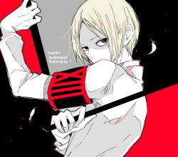 Rule 34 | 1boy, arm up, armband, awara kayu, black armband, black background, black eyes, blonde hair, character name, from side, grey background, hand up, happy birthday, holding, holding knife, knife, long sleeves, looking at viewer, male focus, nakarai keijin, pale skin, red armband, red background, short hair, simple background, solo, tokyo ghoul, tokyo ghoul:re, weapon