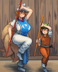 Rule 34 | 2girls, :3, adapted costume, animal ears, animal hat, blonde hair, breasts, brown hair, cat ears, cat tail, chanta (ayatakaoisii), chen, earrings, fox tail, green hat, hair between eyes, hat, height difference, highres, jewelry, large breasts, looking at another, looking down, looking up, mob cap, multiple girls, multiple tails, outdoors, pants, polearm, red pants, red vest, shirt, short sleeves, standing, standing on one leg, tabard, tail, thighs, touhou, training, two tails, vest, weapon, white legwear, white pants, white shirt, wooden wall, yakumo ran