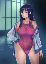 Rule 34 | 1girl, black eyes, black hair, bosshi, breasts, commentary request, competition swimsuit, contrapposto, covered navel, cowboy shot, groin, hand on own hip, highres, jacket, large breasts, long hair, looking at viewer, one-piece swimsuit, open clothes, open jacket, original, pink one-piece swimsuit, solo, standing, swimsuit, white jacket