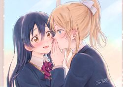 Rule 34 | 2girls, ayase eli, blonde hair, blue eyes, blue hair, blush, bow, commentary request, covering own mouth, hair ribbon, hand to own mouth, highres, long hair, long sleeves, looking at another, love live!, love live! school idol project, multiple girls, open mouth, otonokizaka school uniform, ponytail, ribbon, school uniform, sonoda umi, suito, swept bangs, whispering, yellow eyes