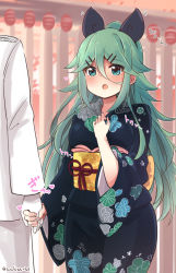 Rule 34 | 10s, 1boy, 1girl, :o, admiral (kancolle), blush, commentary request, floral print, green eyes, green hair, hair between eyes, hair ornament, hair ribbon, hairclip, hand on own chest, heart, hetero, highres, holding hands, japanese clothes, kantai collection, kimono, long hair, out of frame, ribbon, solo focus, suzuki toto, twitter username, yamakaze (kancolle), yukata