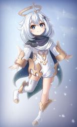 Rule 34 | 1girl, absurdres, black cape, blush, boots, cape, closed mouth, commentary, dress, english commentary, full body, genshin impact, grey eyes, hair between eyes, halo, highres, long sleeves, looking at viewer, paimon (genshin impact), silver hair, single thighhigh, smile, solo, sparkle, standing, standing on one leg, stratosphere (coom1017), thighhighs, thighhighs under boots, white dress, white footwear, white thighhighs, wide sleeves