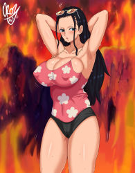 Rule 34 | 1girl, absurdres, artist name, black hair, blue eyes, breasts, cleavage, covered erect nipples, glasses, highres, huge breasts, large areolae, large breasts, nico robin, nipples, one piece, oroz kun, solo, sweat, third-party edit
