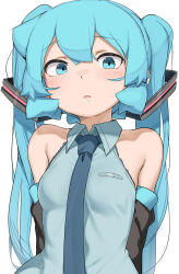 Rule 34 | 1girl, abmayo, aqua hair, bare shoulders, blush, breasts, collared shirt, detached sleeves, hair ornament, hatsune miku, highres, long hair, looking at viewer, medium breasts, necktie, parted lips, shirt, solo, twintails, very long hair, vocaloid, white background