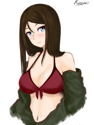 Rule 34 | 10s, 1girl, artist name, bad id, bad pixiv id, bare shoulders, bikini, bikini top only, black hair, blue eyes, breasts, cleavage, closed mouth, clothes pull, commentary, cropped arms, cropped torso, front-tie top, girls und panzer, hako reeema, head tilt, highres, light smile, long hair, looking at viewer, medium breasts, navel, nonna (girls und panzer), off shoulder, red bikini, shirt pull, signature, sketch, solo, swept bangs, swimsuit, upper body