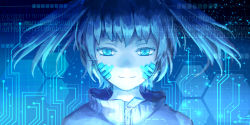Rule 34 | 1girl, aoiakamaou, binary, blue eyes, blue hair, closed mouth, ene (kagerou project), facial mark, female focus, gradient background, highres, honeycomb (pattern), honeycomb background, honeycomb pattern, kagerou project, looking at viewer, matching hair/eyes, monochrome, short hair, smile, solo, twintails