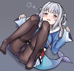 Rule 34 | 1girl, ai cao, ass, blue eyes, blue hair, blue hoodie, blue nails, blush, brown pantyhose, cameltoe, commentary, drawstring, english commentary, fins, fish tail, full body, gawr gura, gawr gura (1st costume), grey background, grey hair, hair intakes, hair ornament, half-closed eyes, hololive, hololive english, hood, hood down, hoodie, knees up, long hair, long sleeves, looking at viewer, lying, multicolored hair, nail polish, on back, panties, panties under pantyhose, pantyhose, parted lips, pinching sleeves, shark tail, sharp teeth, simple background, sleepy, sleeves past wrists, solo, streaked hair, tail, teeth, thighband pantyhose, two side up, underwear, virtual youtuber