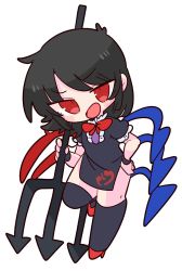 Rule 34 | 1girl, asymmetrical wings, black dress, black hair, black thighhighs, blue wings, bow, bowtie, center frills, dress, footwear bow, frilled dress, frills, highres, houjuu nue, looking at viewer, op na yarou, open mouth, pelvic curtain, polearm, red bow, red bowtie, red eyes, red footwear, red wings, short dress, short hair, simple background, smile, solo, thighhighs, touhou, trident, weapon, white background, wings, wristband