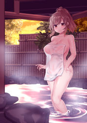 Rule 34 | 1girl, bare shoulders, bath, bathing, blush, breasts, brown eyes, brown hair, cevio, cleavage, closed mouth, collarbone, commentary request, convenient censoring, covered erect nipples, covered navel, covering privates, hair between eyes, hair bun, highres, large breasts, looking at viewer, meido yomi, naked towel, navel, nude cover, onsen, outdoors, rock, satou sasara, see-through, short hair, single hair bun, smile, solo, standing, steam, thighs, towel, water, wet, wet clothes, white towel