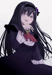 Rule 34 | 1girl, :d, akemi homura, arm at side, ascot, black dress, black hair, black hairband, brooch, collared dress, dress, flower, frilled dress, frills, hair flower, hair ornament, hairband, hand on own chin, hand up, highres, jewelry, long hair, looking at viewer, mahou shoujo madoka magica, mahou shoujo madoka magica: walpurgis no kaiten, open mouth, parted lips, purple eyes, purple flower, red ascot, sansho ss, sidelocks, simple background, smile, solo, very long hair, white background, wing collar