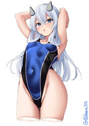 Rule 34 | 1girl, alternate costume, armpits, arms up, blue hair, blue one-piece swimsuit, breasts, collarbone, competition swimsuit, cowboy shot, ebifurya, hair between eyes, headgear, highleg, highleg swimsuit, highres, i-203 (kancolle), kantai collection, long hair, looking at viewer, one-hour drawing challenge, one-piece swimsuit, purple eyes, simple background, small breasts, solo, swimsuit, thighhighs, twitter username, white background, white thighhighs