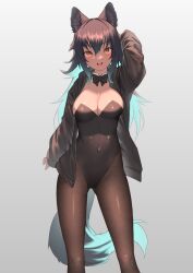 Rule 34 | 1girl, :d, akuma (st.takuma), animal ear fluff, animal ears, aqua hair, arm up, black bow, black bowtie, black hair, black jacket, black leotard, bow, bowtie, breasts, brown eyes, cleavage, commentary, covered navel, detached collar, gluteal fold, grey background, hair between eyes, jacket, large breasts, leotard, long hair, long sleeves, looking at viewer, multicolored hair, open clothes, open jacket, open mouth, original, pantyhose, simple background, smile, solo, tail, teeth, two-tone hair, upper teeth only