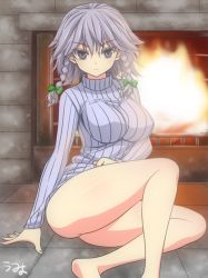 Rule 34 | 1girl, bare legs, barefoot, blush, bottomless, bow, braid, breasts, female focus, fire, fireplace, hair bow, izayoi sakuya, looking at viewer, naked sweater, no pants, ribbed sweater, short hair, silver hair, sitting, solo, sweater, touhou, twin braids, umyonge (lkakeu)