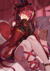 Rule 34 | 1girl, absurdres, alternate costume, bed sheet, black gloves, black hat, black ribbon, blush, box, closed mouth, commentary request, corset, curtains, cushion, dress, flower, frills, gloves, hat, heart, heterochromia, highres, holding, holding box, hololive, houshou marine, long hair, looking at viewer, oekakikei, pillow, red dress, red eyes, red flower, red hair, red ribbon, red rose, ribbon, rose, short dress, sitting, solo, thighhighs, top hat, twintails, valentine, very long hair, virtual youtuber, white thighhighs, yellow eyes