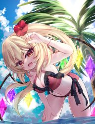 Rule 34 | 1girl, absurdres, bent over, bikini, blonde hair, blue sky, breasts, cleavage, cloud, crystal, fangs, flandre scarlet, flower, hair flower, hair ornament, hand on own thigh, highres, large breasts, long hair, looking at viewer, navel, ocean, one side up, open mouth, outdoors, palm tree, partially submerged, red bikini, red eyes, red flower, s vileblood, skin fangs, sky, solo, standing, swimsuit, touhou, tree, wings