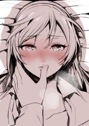 Rule 34 | 10s, 1girl, ashigara (kancolle), blush, close-up, collarbone, finger to mouth, fingernails, hand on another&#039;s face, heart, heart-shaped pupils, highres, ikarin, kantai collection, looking at viewer, lying, on back, open clothes, open shirt, portrait, shirt, solo focus, symbol-shaped pupils