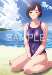 Rule 34 | 1girl, braid, breasts, brown eyes, closed mouth, cloud, cloudy sky, day, kanata no astra, large breasts, mole, ocean, official art, sample watermark, school swimsuit, sky, smile, swimsuit, water, watermark, yunhua lu