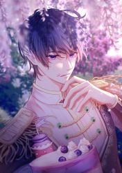 Rule 34 | 1boy, blue jacket, cake, cherry blossoms, closed mouth, cupcake, earrings, food, highres, jacket, jewelry, licking lips, looking at viewer, marius von hagen (tears of themis), meixallen, outdoors, purple eyes, purple hair, short hair, solo, tears of themis, tongue, tongue out, tree