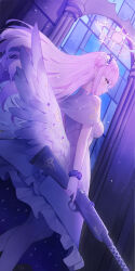 Rule 34 | 1girl, angel wings, blue archive, blush, dress, feathered wings, feet out of frame, flower, hair bun, hair flower, hair ornament, halo, highres, long hair, mika (blue archive), open mouth, pink hair, pink halo, purple flower, senba (592683801), signature, single hair bun, single wing, solo, stained glass, weapon, white dress, white wings, wings, yellow eyes