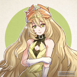 Rule 34 | 1girl, bare shoulders, blonde hair, breasts, celine (fire emblem), cleavage, cleavage cutout, clothing cutout, commentary, cosplay, dress, fire emblem, fire emblem engage, gloves, green eyes, grey background, grin, gzei, hair between eyes, highres, long hair, looking at viewer, medium breasts, nintendo, sleeveless, sleeveless dress, smile, solo, upper body, very long hair, veyle (fire emblem), veyle (fire emblem) (cosplay), white gloves, yellow dress