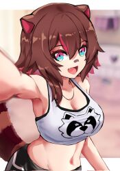 Rule 34 | 1girl, :d, animal ears, armpits, bandaid, bandaid on face, bandaid on nose, black shorts, blue eyes, blurry, blurry background, border, brown hair, colored inner hair, commentary, fang, fang out, hair between eyes, hair flaps, highres, jewelry, letterboxed, looking at viewer, medium hair, midriff, multicolored eyes, multicolored hair, navel, necklace, open mouth, owozu, raccoon ears, raccoon girl, raccoon tail, rakkun sutaru, reaching, reaching towards viewer, red eyes, red hair, selfie, shorts, sidelocks, slash-ex, smile, solo, spanish commentary, stomach, streaked hair, tail, tank top, two-tone hair, virtual youtuber, white border, white tank top