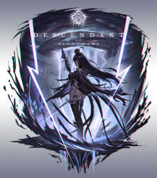 Rule 34 | 1girl, ahoge, ass, bare shoulders, black cloak, black hair, black thighhighs, blush, breasts, chinese commentary, chromatic aberration, cloak, commentary request, crown, english text, highres, holding, holding polearm, holding sword, holding weapon, leotard, lightning, lightning bolt symbol, long hair, looking at viewer, looking back, mini crown, original, polearm, red eyes, solo, standing, sword, thighhighs, torn cloak, torn clothes, tornado, weapon, yurichtofen