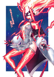 Rule 34 | 1girl, absurdres, bare shoulders, character name, clothing cutout, dress, duel monster, enmo takeshita, feet out of frame, fiery hair, fingerless gloves, gloves, highres, jacket, long sleeves, open clothes, open jacket, puffy sleeves, red hair, solo, spright elf, stomach cutout, thigh strap, yu-gi-oh!
