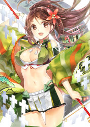 Rule 34 | 10s, 1girl, :d, amagi (kancolle), bad id, bad pixiv id, breasts, brown eyes, brown hair, cleavage, flower, hair flower, hair ornament, japanese clothes, kantai collection, long hair, mole, mole under eye, navel, open mouth, ponytail, sakuyosi, shikigami, smile, solo, stomach