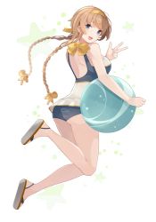 Rule 34 | 1girl, ass, ball, beachball, blue one-piece swimsuit, braid, casual one-piece swimsuit, from behind, grey eyes, hair ornament, hairband, kantai collection, light brown hair, long hair, one-piece swimsuit, propeller hair ornament, shakemi (sake mgmgmg), solo, star (symbol), starry background, swimsuit, teruzuki (kancolle), twin braids, white background, yellow hairband