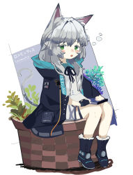 Rule 34 | 1girl, absurdres, animal ear fluff, animal ears, arknights, black footwear, black gloves, black jacket, blush, book, boots, character name, colored eyelashes, commentary request, dress, fingerless gloves, full body, gloves, green eyes, grey hair, highres, jacket, looking at viewer, open clothes, open jacket, parted lips, rosmontis (arknights), ryu (17569823), single glove, sitting, solo, tail, white background, white dress