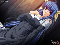 Rule 34 | 1girl, arc system works, bare shoulders, bed sheet, black dress, blue hair, blush, breasts, character name, collarbone, covered erect nipples, covered navel, dizzy (guilty gear), dress, guilty gear, guilty gear x, hair ribbon, large breasts, long hair, long sleeves, navel, racco, red eyes, ribbon, solo, twintails, yellow ribbon