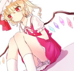Rule 34 | 1girl, blonde hair, bloomers, blurry, crystal, dutch angle, flandre scarlet, hat, hat ribbon, honotai, mob cap, pointy ears, puffy sleeves, red eyes, ribbon, shirt, short hair, short sleeves, side ponytail, sitting, skirt, skirt set, socks, solo, touhou, underwear, vest, white background, white socks, wings