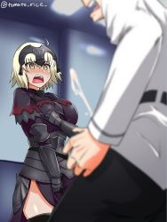 Rule 34 | 1boy, 1girl, belt, black pants, black thighhighs, blonde hair, blurry, blurry background, blurry foreground, blush, breasts, cape, chain, commentary request, cum, depth of field, ejaculation, fate/grand order, fate (series), fujimaru ritsuka (male), gauntlets, headpiece, highres, indoors, jacket, jeanne d&#039;arc (fate), jeanne d&#039;arc alter (avenger) (fate), jeanne d&#039;arc alter (fate), large breasts, long sleeves, open mouth, orgasm, pants, short hair, standing, surprised, thighhighs, tomato rice, torn cape, torn clothes, twitter username, underbust, white jacket, yellow eyes