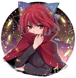 Rule 34 | 1girl, artist name, asa (coco), bow, cape, covered mouth, hair bow, looking at viewer, outside border, red eyes, red hair, round image, sekibanki, solo, touhou, upper body