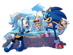Rule 34 | 1boy, 1girl, animal ears, artist name, black pantyhose, blue footwear, blue fur, blue hair, blue shirt, boots, brown eyes, ciani (stephcube), evan stanley, food, furry, furry female, furry male, gloves, green eyes, high ponytail, highres, holding, holding food, holding ice cream, ice cream, looking at another, medium hair, one eye closed, open mouth, original, pantyhose, red footwear, shirt, shoes, short sleeves, signature, sitting, skirt, sonic (series), sonic the hedgehog, stone wall, tail, two-tone footwear, wall, white footwear, white gloves, yellow skirt