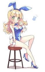 Rule 34 | 1girl, animal ears, blonde hair, blue bow, blue bowtie, blue leotard, blush, bow, bowtie, breasts, cleavage, fake animal ears, fake tail, full body, green eyes, high heels, highres, jashin-chan dropkick, large breasts, legs, leotard, long hair, looking at viewer, official art, open mouth, playboy bunny, poporon (jashin-chan dropkick), rabbit ears, rabbit tail, simple background, sitting, solo, tail, white background, yukiwo